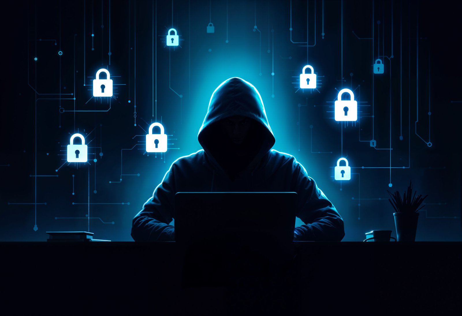Illustration showing cybersecurity concepts including network protection, data encryption, firewalls, and digital security icons.